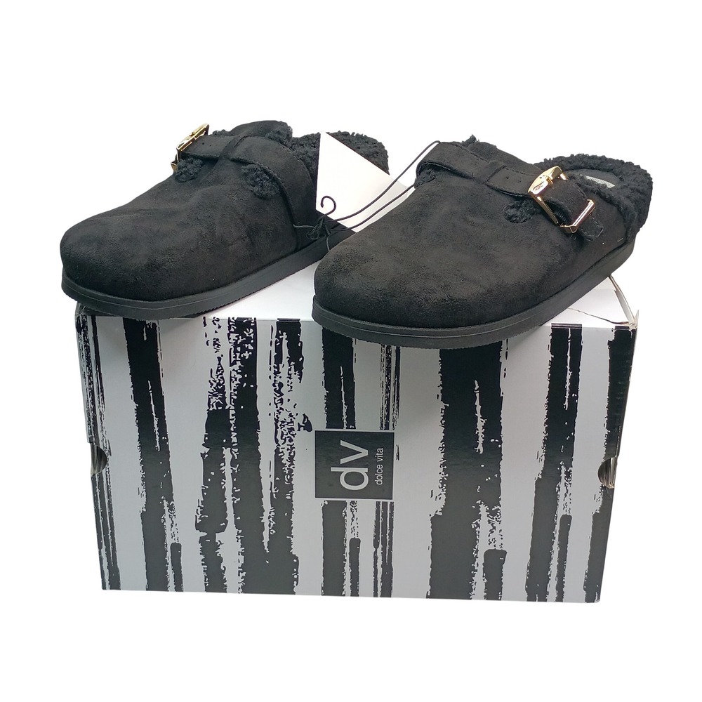 DV Dolce Vita Clog Women Size 7 Black Faux Suede Faux Fur Lined Buckle Mules